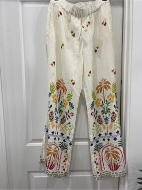 Johnny Was LINEN Cream with Tropical Print Wide Leg Pant NWT